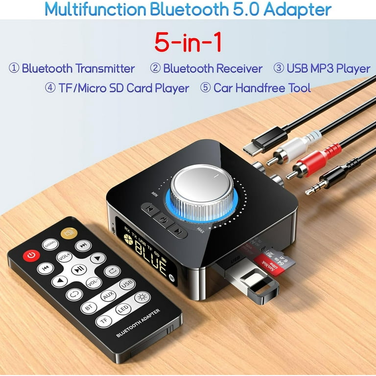 Bluetooth Audio Transmitter Receiver with Remote 5 in 1 Bluetooth 5.0 Adapter for TV Car CD PC Home Stereo Speaker Headset Support 3.5mm AUX RCA
