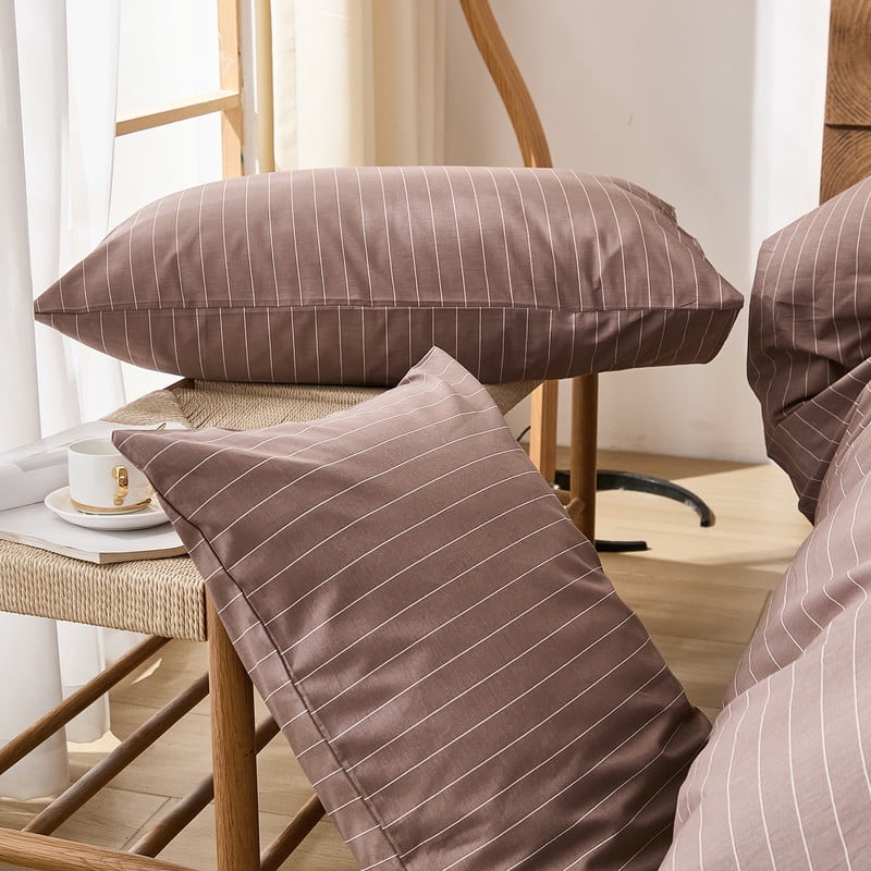 Brown Pinstripe Duvet Cover Set King Size, 100% Cotton Duvet Cover Set with 2 Pillowcases, Soft and Breathable natural cotton bedding Set for All Seasons
