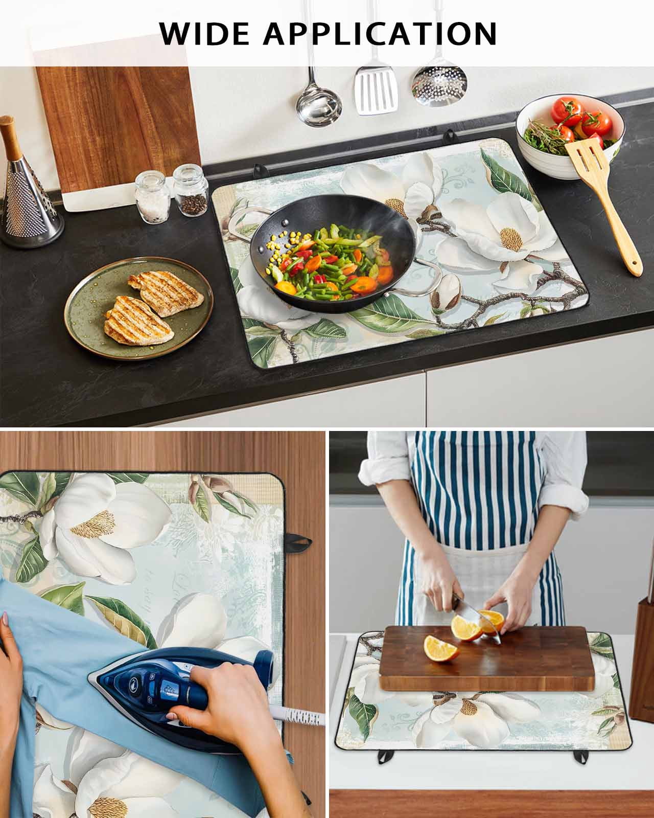 nqOlkjepod Large Induction Cooktop Protector Mat 36"x21", White Floral Stove Top Covers for Electric Stove, Pastoral Farmhouse Magnolia Flowers Leaves Stove Burner Cover Mats, Glass Top Stove Cover
