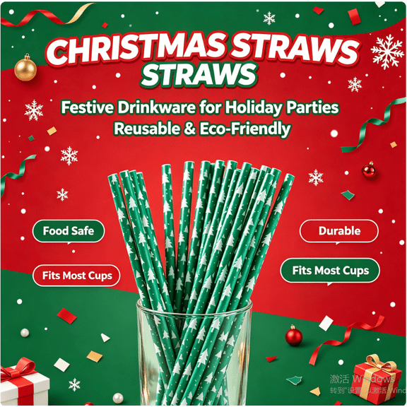 12PCS Green Christmas Plastic Straw,Tree Printed Drinking Straws,Sturdy & Non-Soggy,Reusable Plastic Party Straws for Juice,Cocktails,Coffee,Milk,Straight Plastic Drinking Straws for Long-Lasting Use