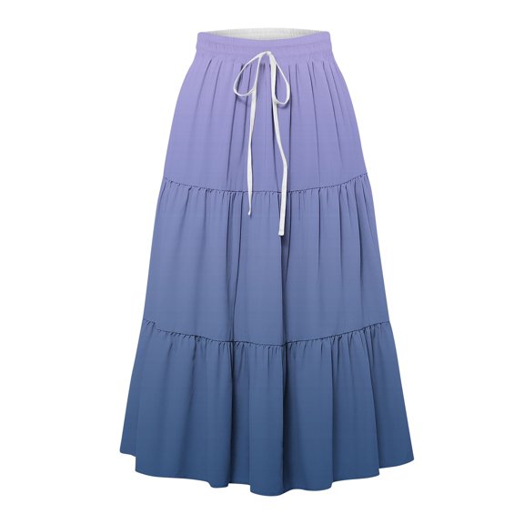 Women's High Waist Drawstring Midi Skirt - Elastic Pleated Tiered A-Line Skirt with Pockets, Lightweight Casual Summer Beach Skirt Light Blue L
