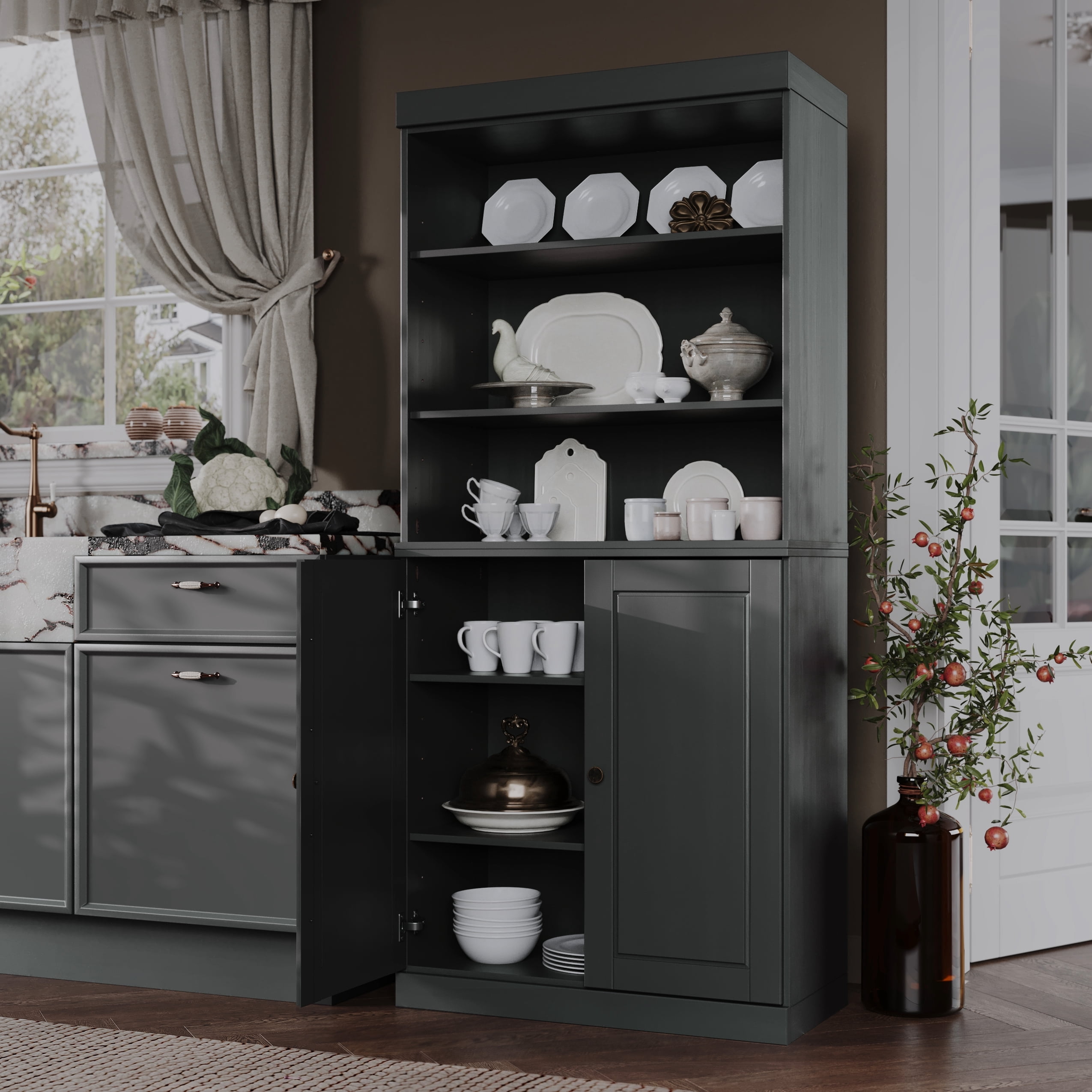 Palace Imports 100% Solid Wood 32" Pantry Cabinet, Solid Wood Doors, Gray