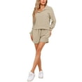 thumbnail image 2 of INSPIRE CHIC Women's Pajamas 2 Piece Lounge Sets Waffle Knit Matching Outfits Long Sleeve Top and Shorts with Pockets XS Beige, 2 of 5