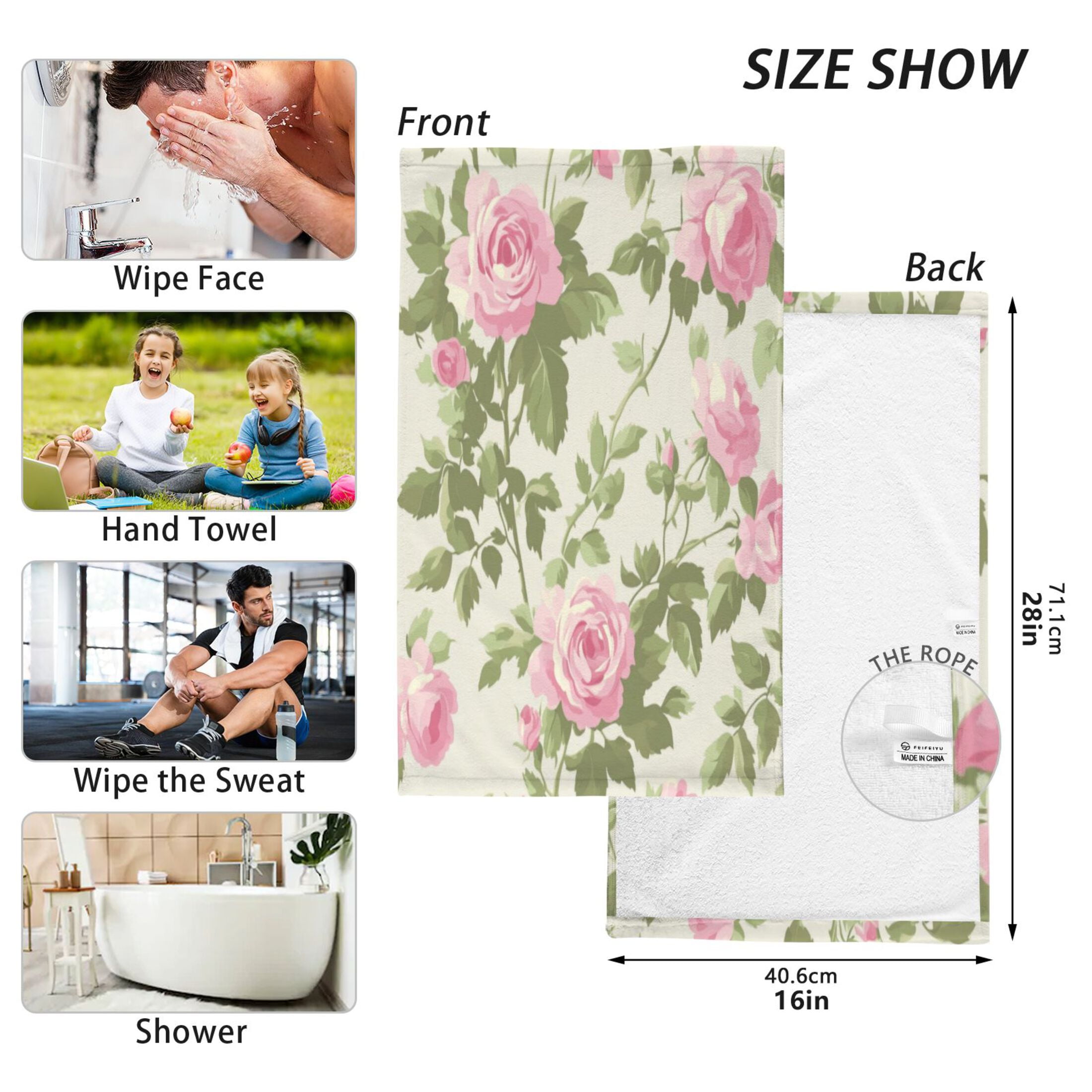 Cotton Towel Two-Piece 16x28 Inch One Sizex2 Face Towel Set Towel Set Cotton Hand Bath Towel Bathroom Beach Pretty Pink Rose