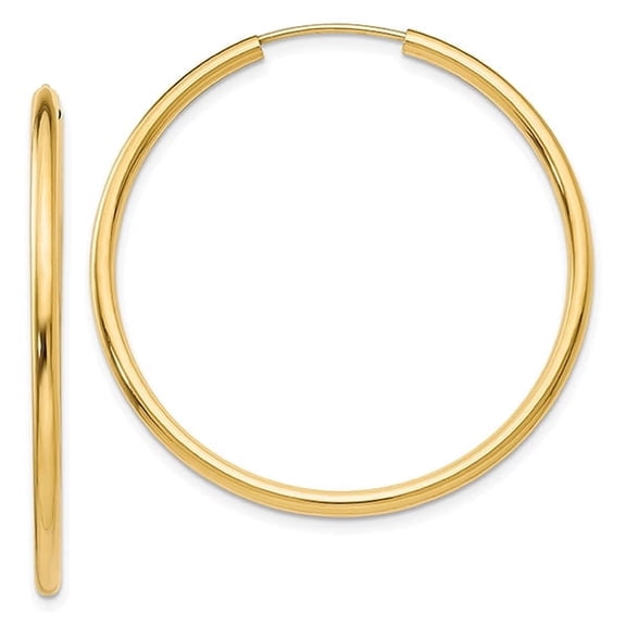 14K Solid Gold 1 1/2 Inch Plain Hoop Earrings,  2mm Thick