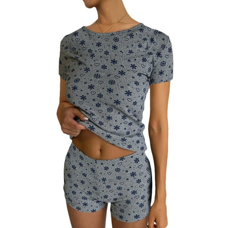 

Springcmy Women Y2K Shorts Set Floral Print Pajamas Set Knit Crop Cami Top Bodycon Shorts Lounge Summer 2Pcs Outfit Sets