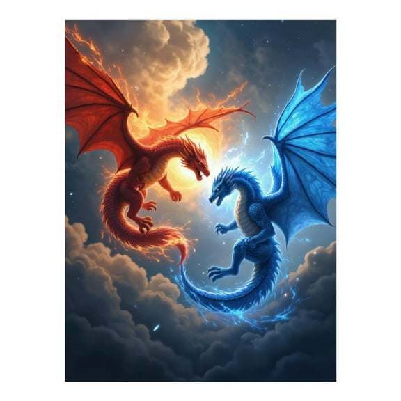 Diamond Art Kit for Adults, Dragons Fire Ice Battle Sky Diamond Painting for Adults Beginners, DIY Diamond Art Painting Kits, 5D Diamond Painting Crafts for Home Decor 12x16 Frameless