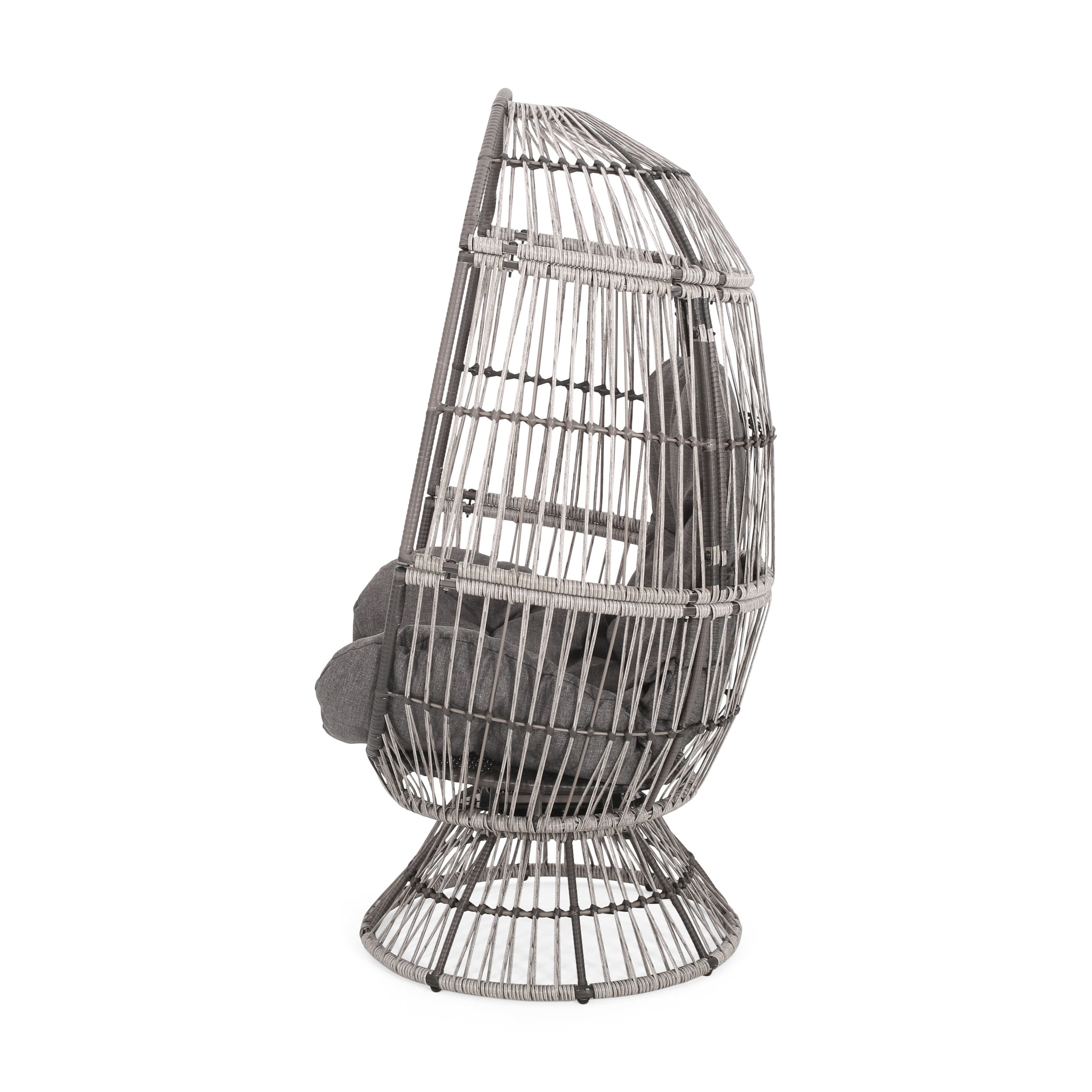 Outdoor Rotatable Egg Shaped Leisure Chair, Wicker Weave Swivel Single Seat for Patio Garden, Gray and Dark Gray