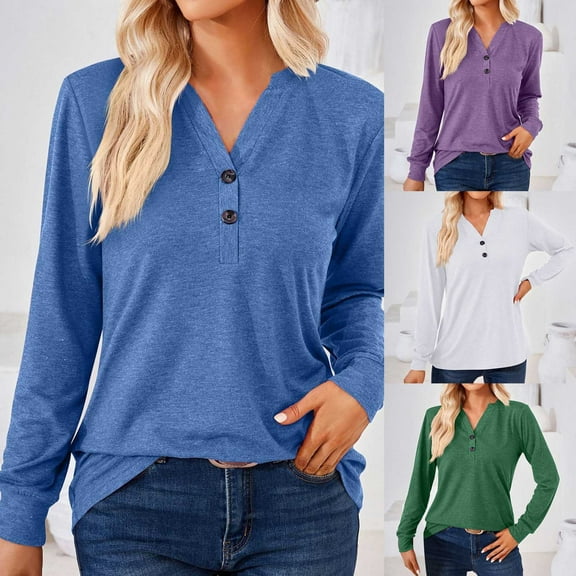 ATOYSOY Women's Solid Color Pullover Spring Fashion Long Sleeve Shirts Winter Workout Loose Tops Casual Blouse V Neck Button Sweatshirts Blue L