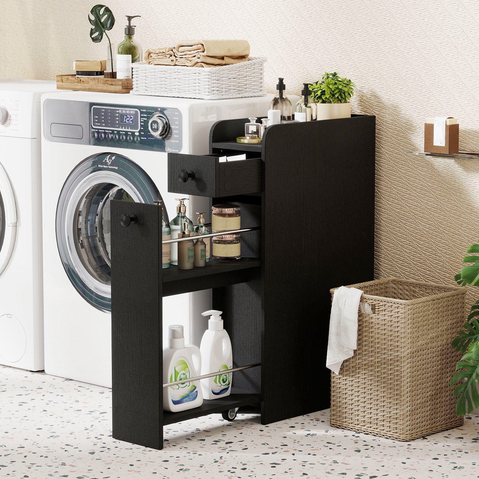 Gymax Slim Storage Cabinet Narrow Bathroom Cabinet w/ Slide Out Drawer & Spacious Top 2 Rolling Wheels Black