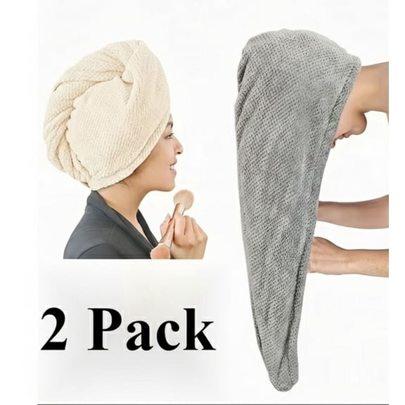 2 Pack Large Hair Drying Towel with Button,Super Absorbent Quick Dry Hair Turban for All Hair Style Anti Frizz, Microfiber Hair Towel Wrap for Women
