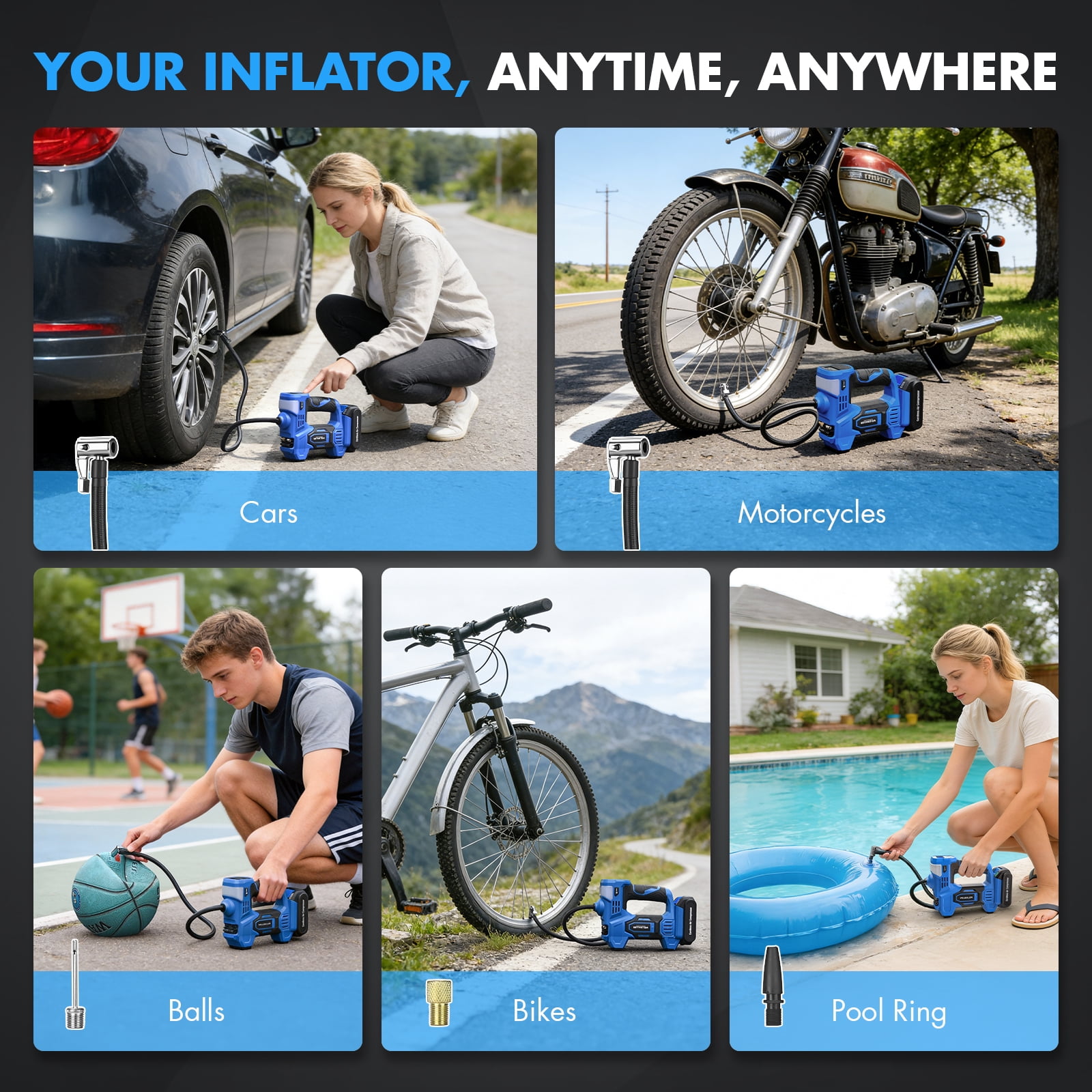 20V Cordless Portable Tire Inflator, 150PSI, 25mm Metal Cylinder with LCD Display & LED Light