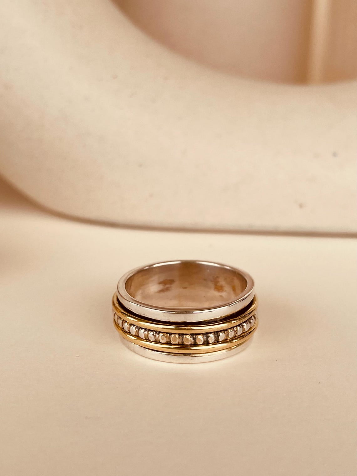 SS DESIGNS- Two-Tone Thumb Fidget Spinner Ring for Women – Handmade Anxiety Relief Meditation Ring, 925 & Gold-Plated Stress Reliever Ring,