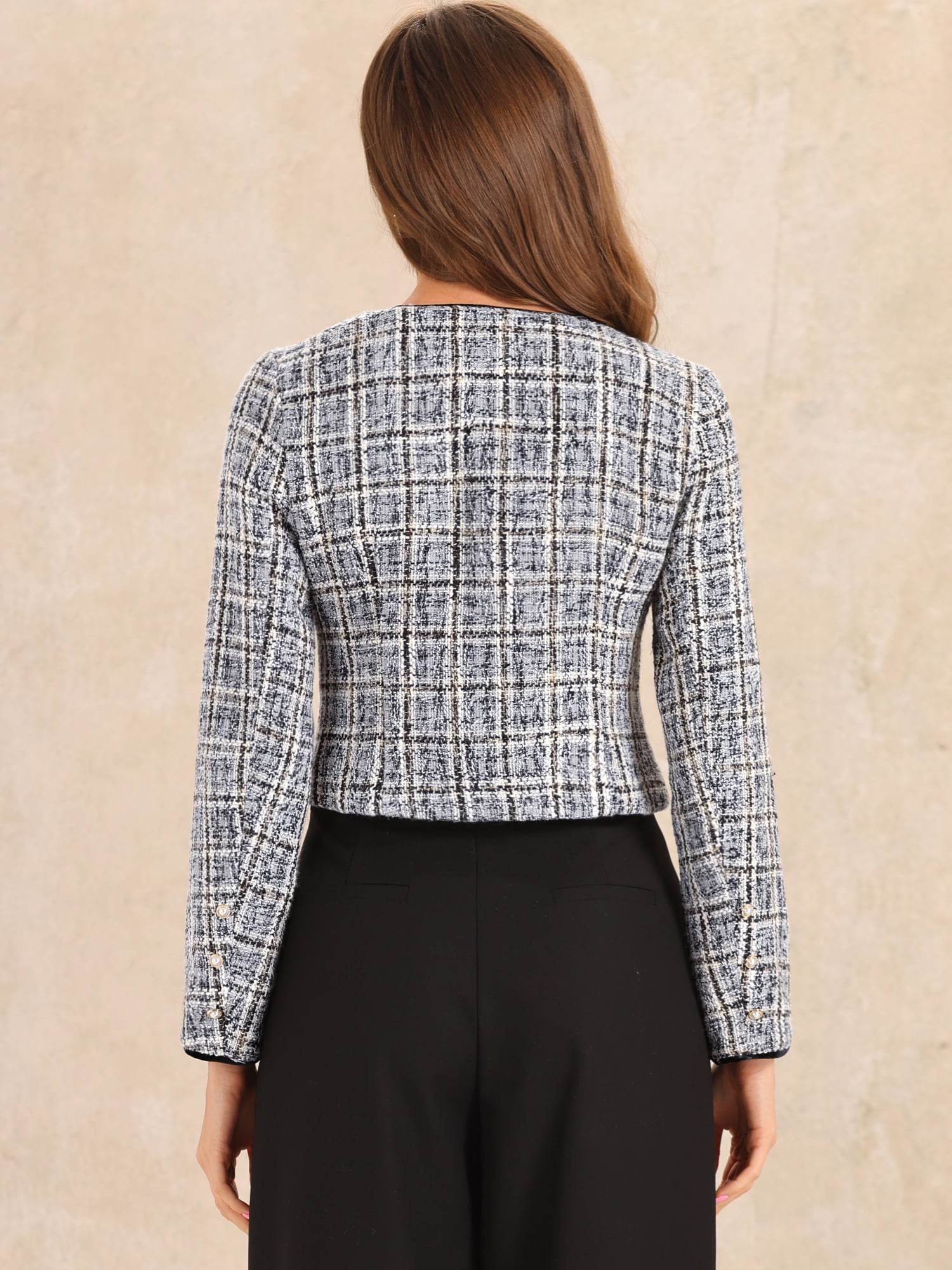 DARING DIVA Tweed Jacket Round Neck Button Front Closure Long Sleeve M Grey Brown