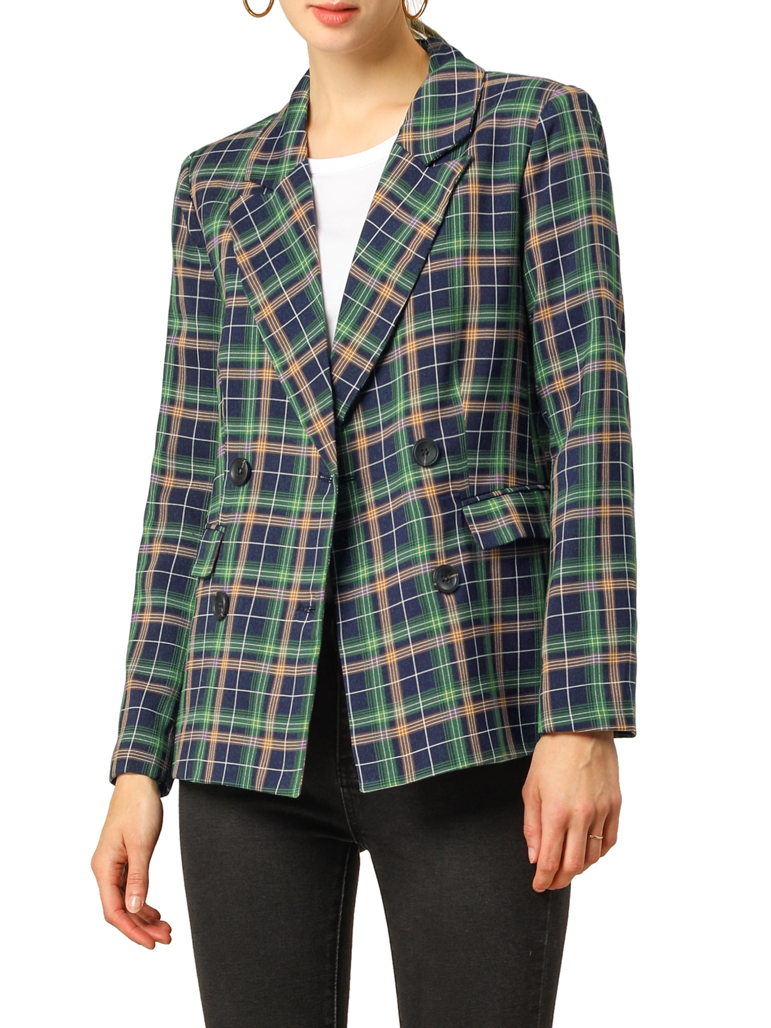 Allegra K Allegra K Women's Notched Lapel Double Breasted Plaid Blazer Jacket