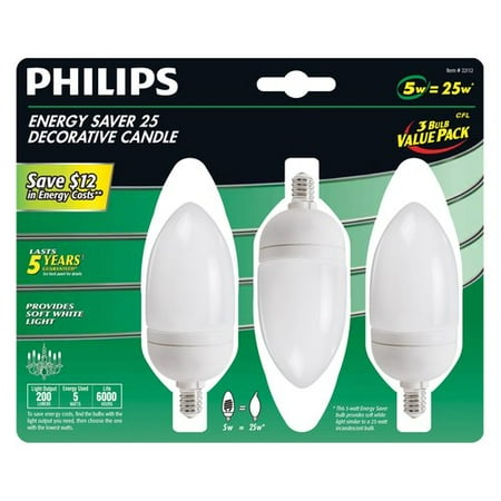 Philips Light Bulb, CFL 5W DECO SM, 3-Pk