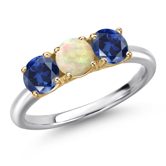 Gem Stone King 10K Two Tone Gold White Ethiopian Opal and Blue Created Sapphire Engagement Ring for Women | 1.50 Cttw | Round Cabochon 5MM | Gemstone October Birthstone | Size 6