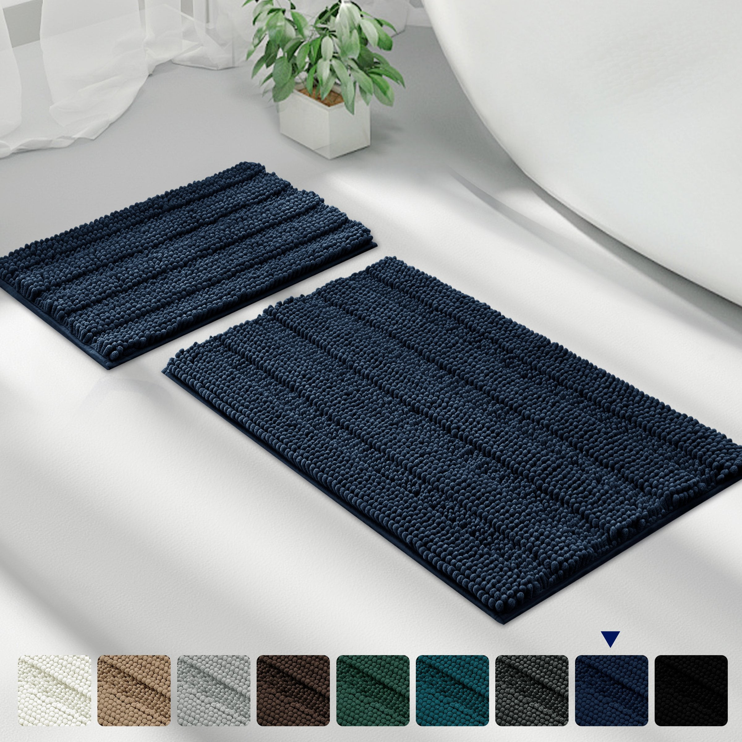 Subrtex Non-Slip Bathroom Rugs Chenille Soft Striped Plush Bath Mat (Navy,16' x 24'+ 20' x 32')