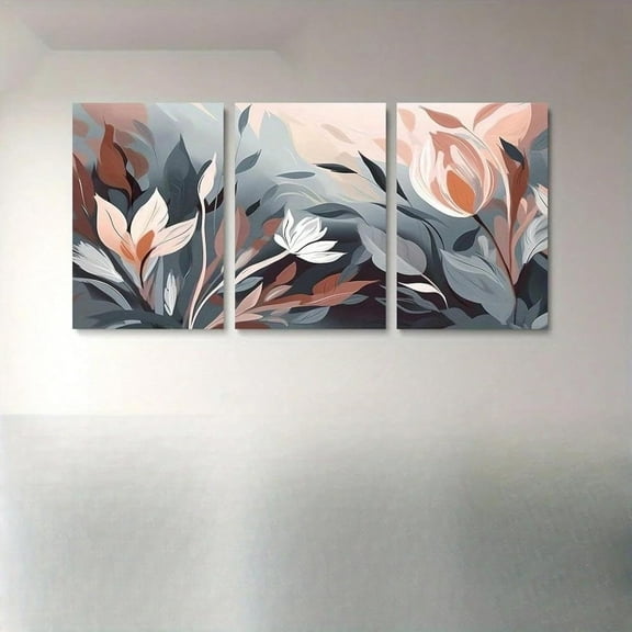 Hieng Modern Abstract Canvas Wall Art Set For Living Room-Floral Canvas Painting In Soft Pink,Gray &Beige Artwork Wall Decor (Framed canvas)