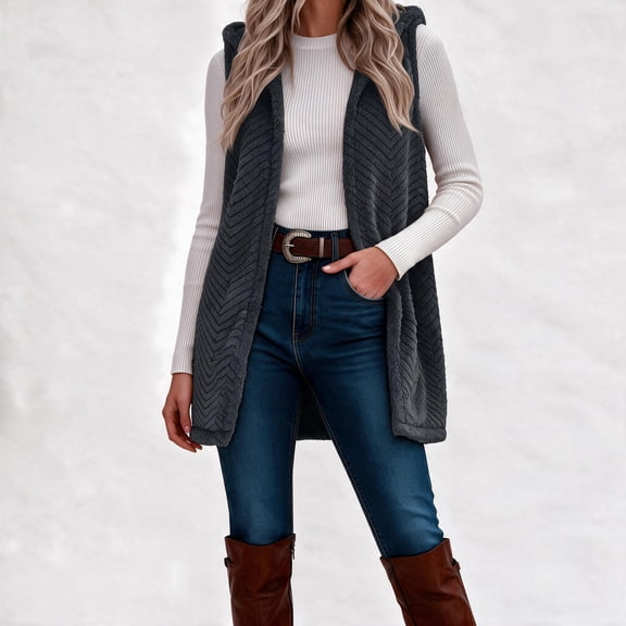 Busydd Women Fleece Vest Solid Color Hooded Warm Winter Vest for Women Trendy Open Front Sleeveless Womens Vests Outerwear