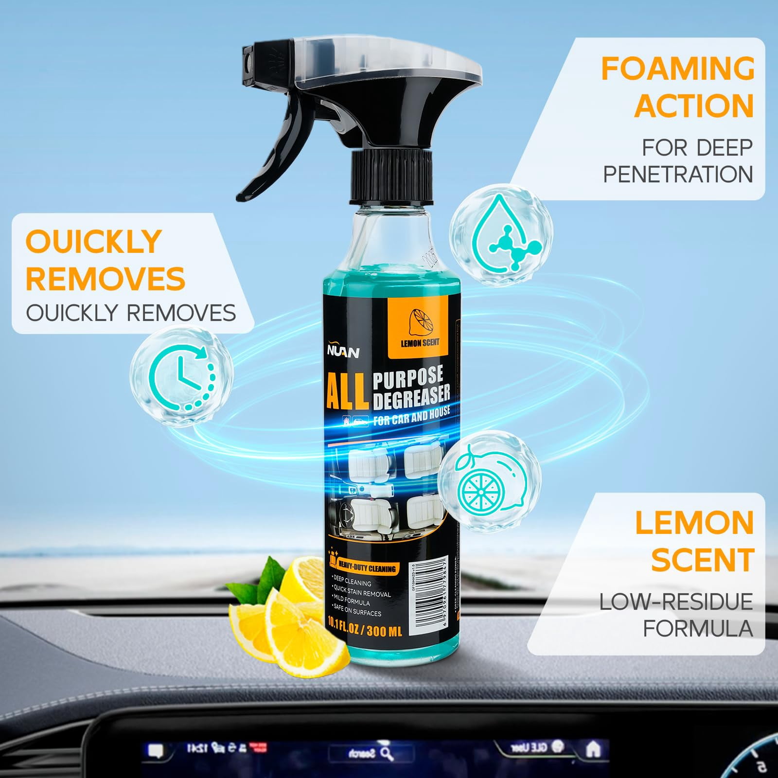 NUAN All Purpose Degreaser for Car and House, Lemon Scent, Heavy-Duty Cleaning Spray, Quick Stain Removal, 10.1 fl oz/300 ML