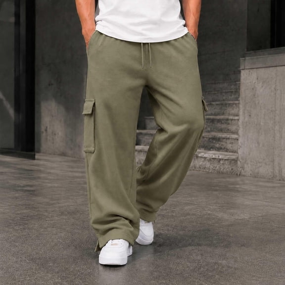 Nestiefly Cargo Sweatpants for Men with Pockets Casual Fleece Wide Leg Baggy Pants Elastic Waist Drawstring Jogger Sweat Pants Light Green 3XL