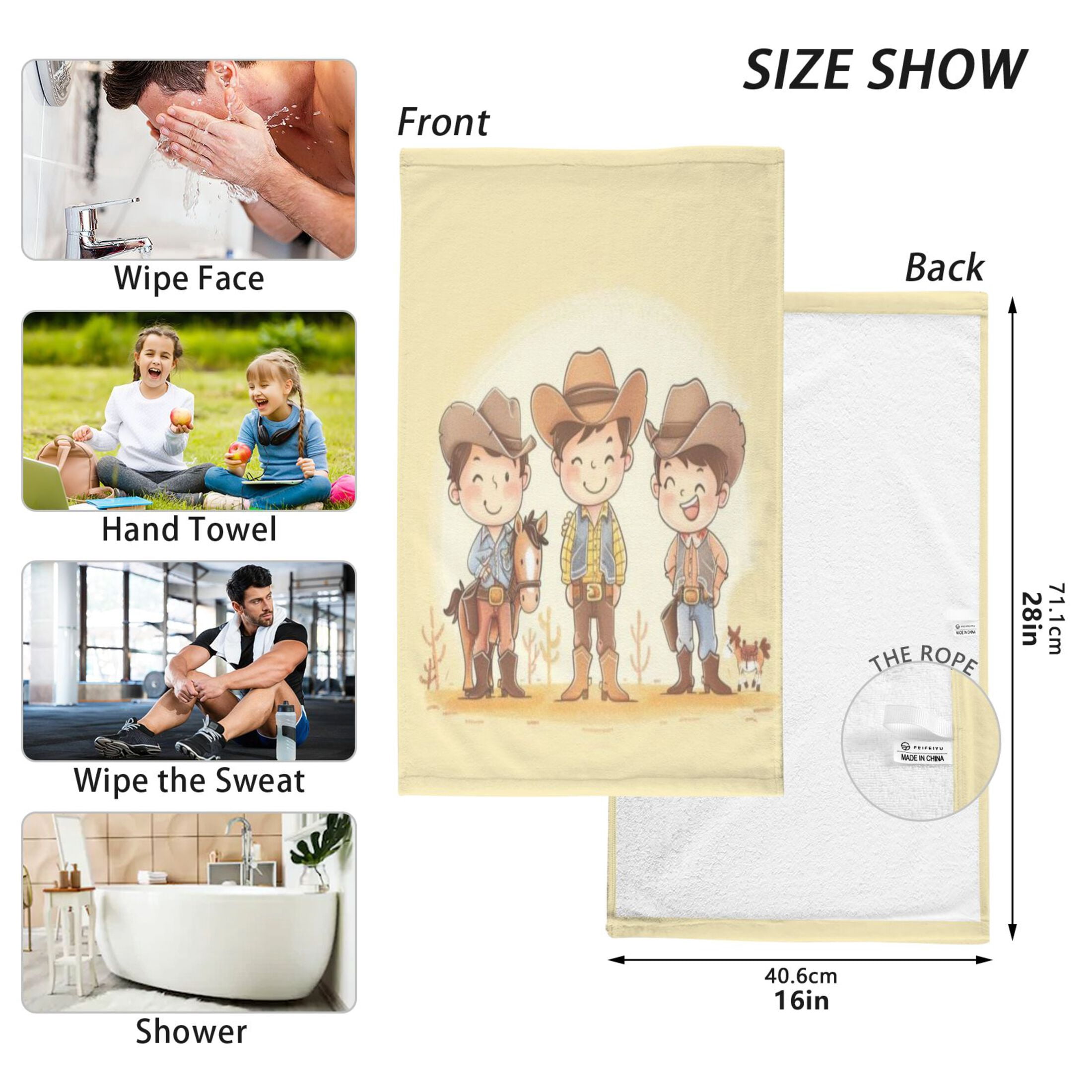 Cotton Towel Two-Piece 16x28 Inch One Sizex2 Face Towel Set Towel Set Cotton Hand Bath Towel Bathroom Beach Yellow Checkered Western Cowboy Boy
