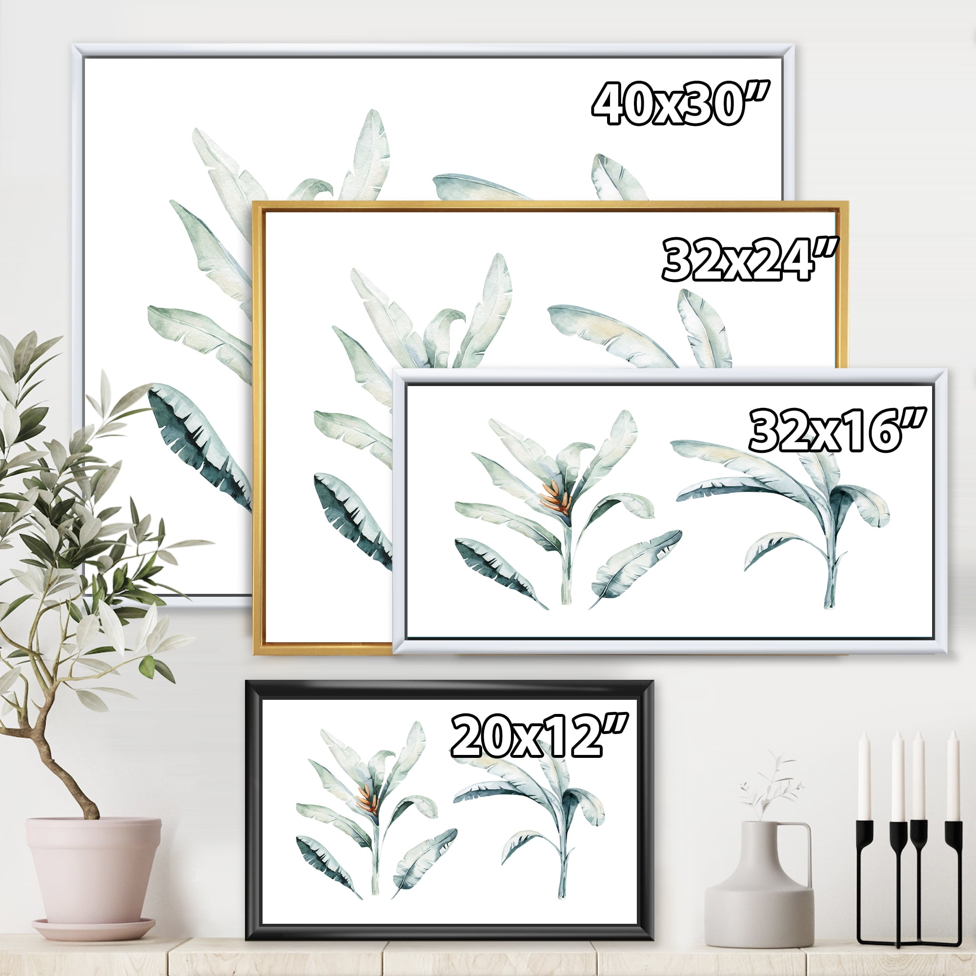 Tropical Jungle Leaves On White 32 in x 24 in Framed Painting Canvas Art Print, by Designart