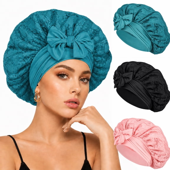 Yalumo Silk Bonnet for Sleeping, 3 Pcs Women Double Layer Satin Bonnet with Lace Edge, Non-Slip Sleep Cap with Wide Elastic Band for Curly & Long Hair