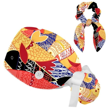

Working Cap with Buttons and Sweatband Scrub Hat Bouffant Caps with Scrunchie Fish on Blue Tie Back Hats