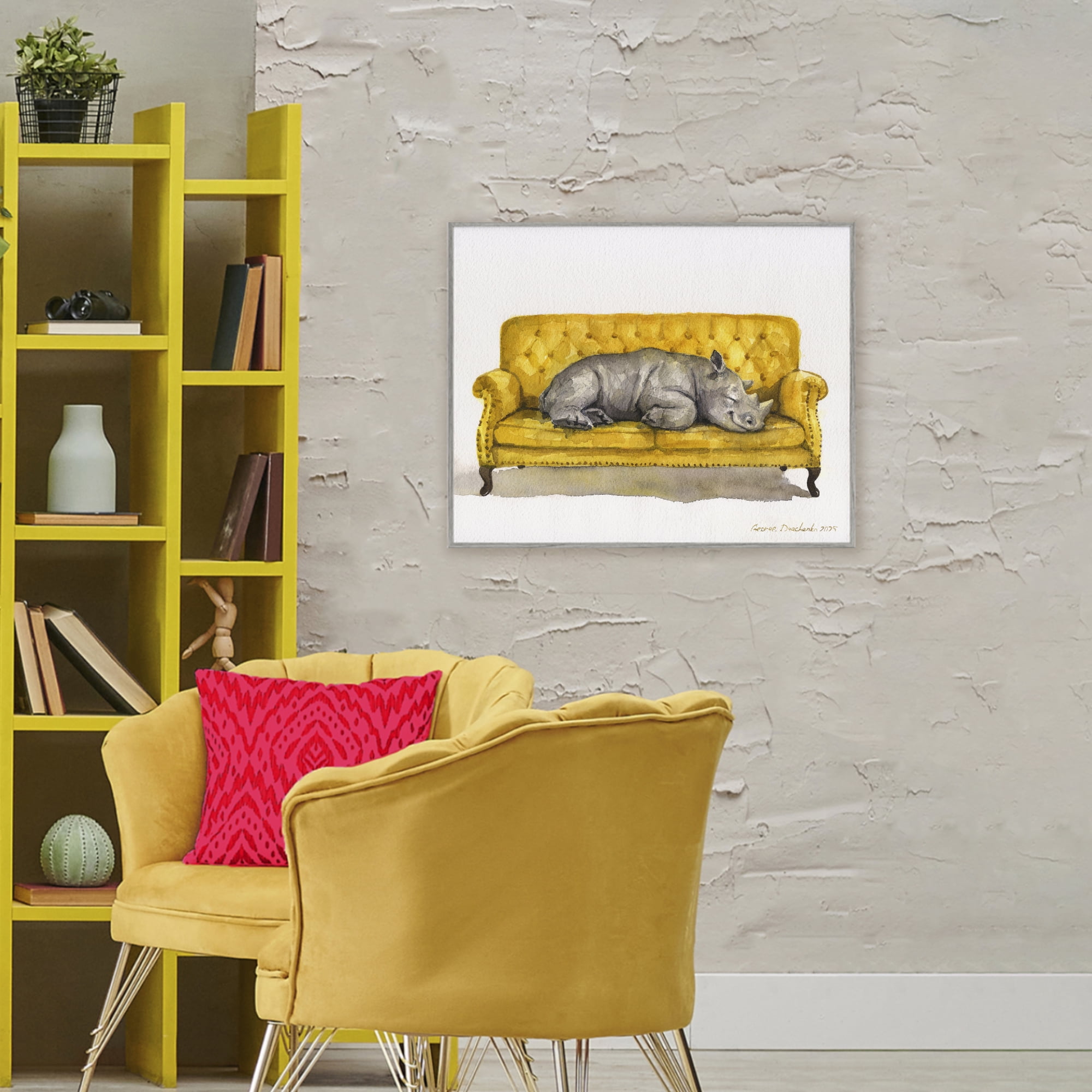 Stupell Industries Cute Rhino Resting Gray Framed Giclee Art, design by George Dyachenko
