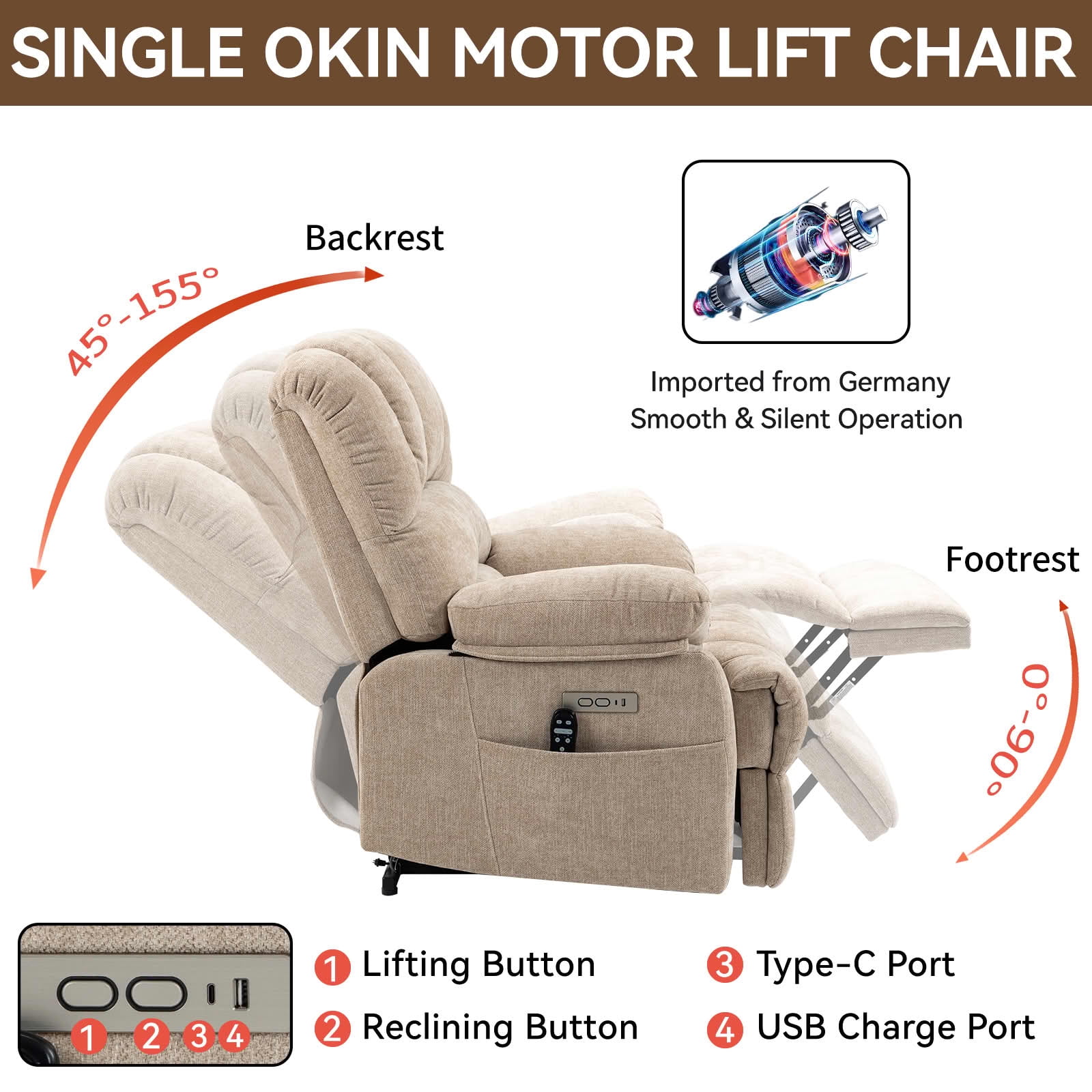 MAYEERTY Beige Chenille Power Lift Recliner, 350lbs 23" Seat 8-Point Massage Heat 39"x41"x42" for Elderly