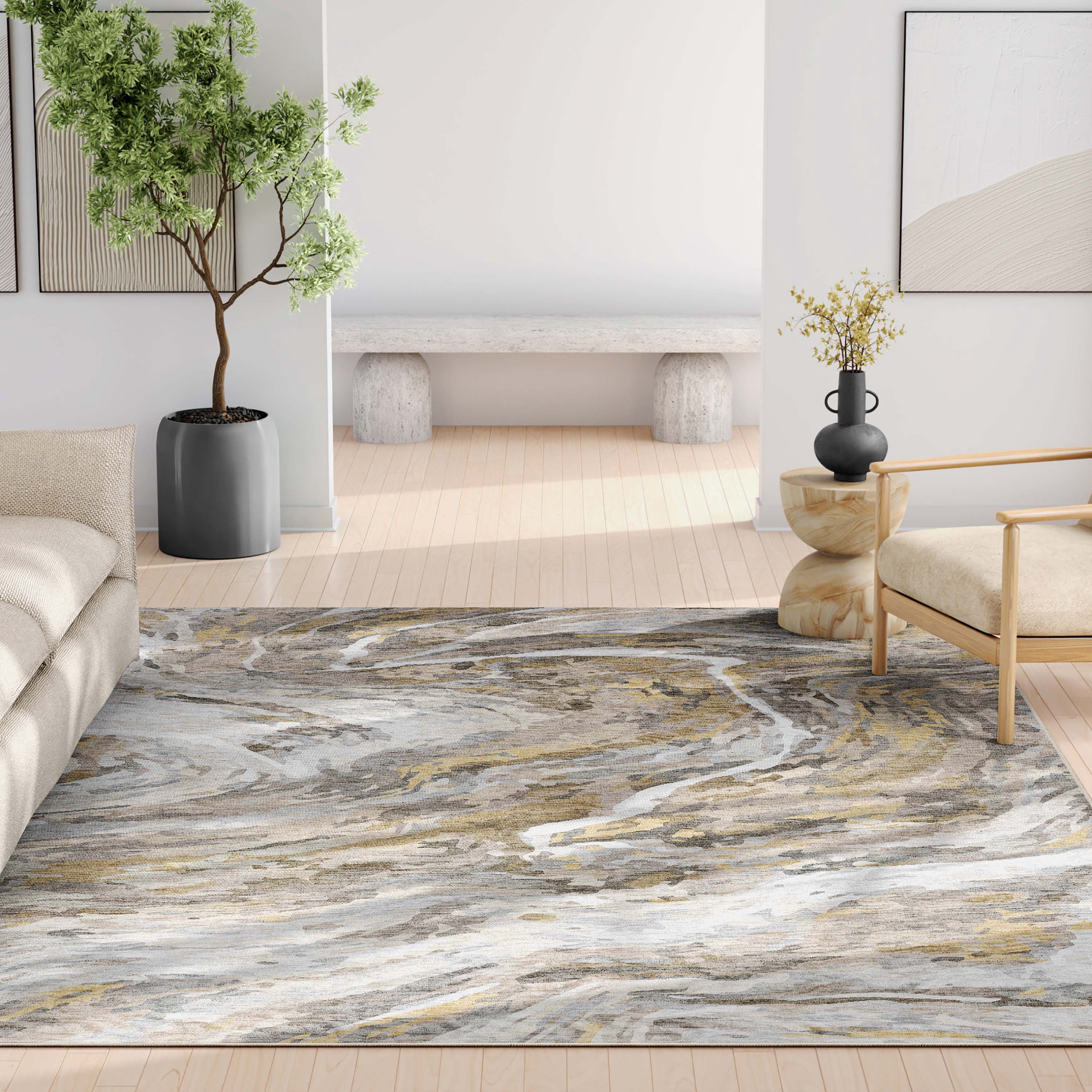 Well Woven Abstract Dunes Modern Retro Marble Flat-Weave Beige Gold 7'7" x 9'10" Area Rug