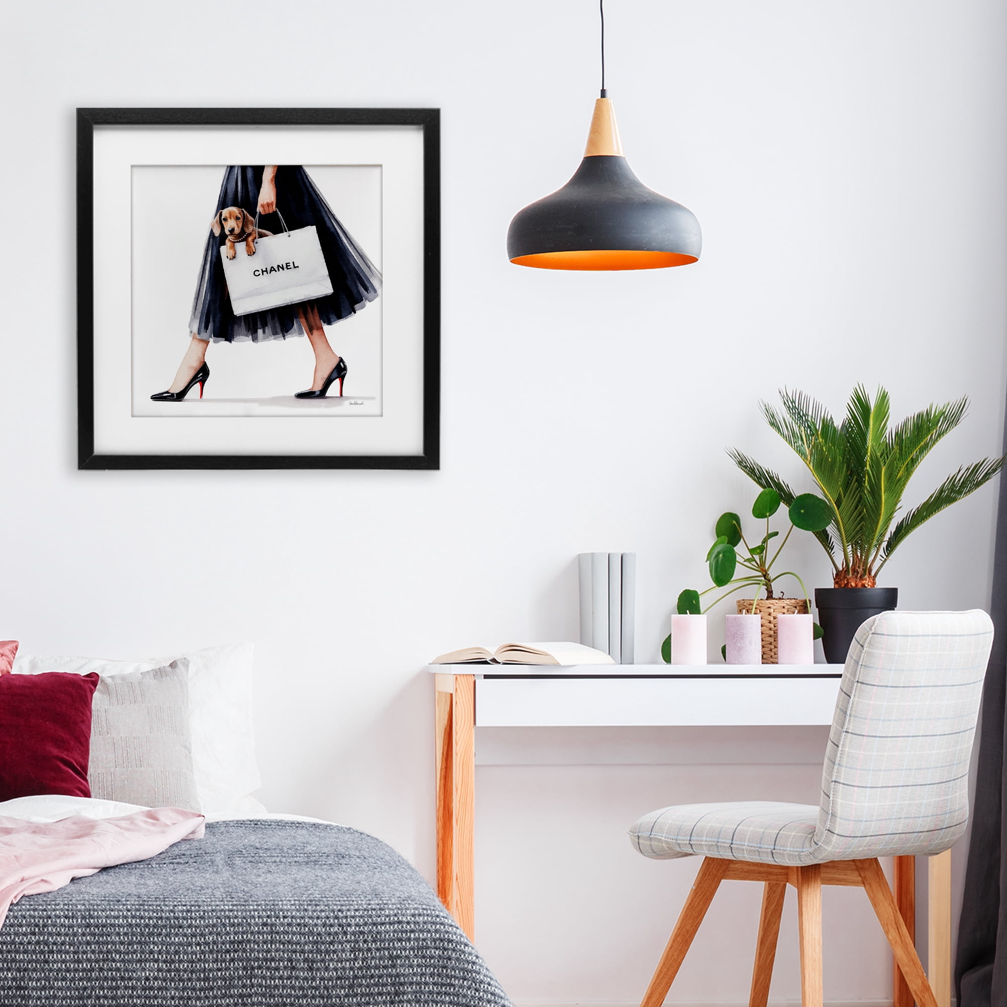 Stupell Industries Elegant Dog & Shopping Bag Black Framed Print Under Glass, design by Amanda Greenwood