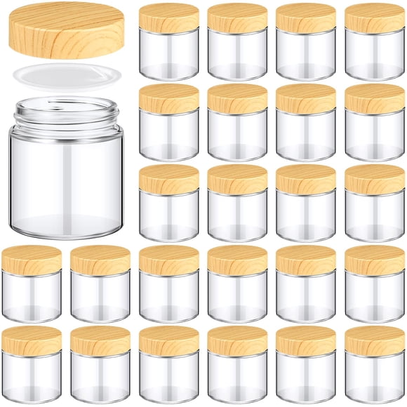 Norme 24 Pcs Bocaux en Verre avec Couvercles Vides Petits Contenants avec Couvercles Doublures Intérieures Bocaux Cosmétiques Réutilisables Bouteilles Rondes Hermétiques en Verre avec Couvercles en Plastique Effet Bois pour Voyage (4 Oz)