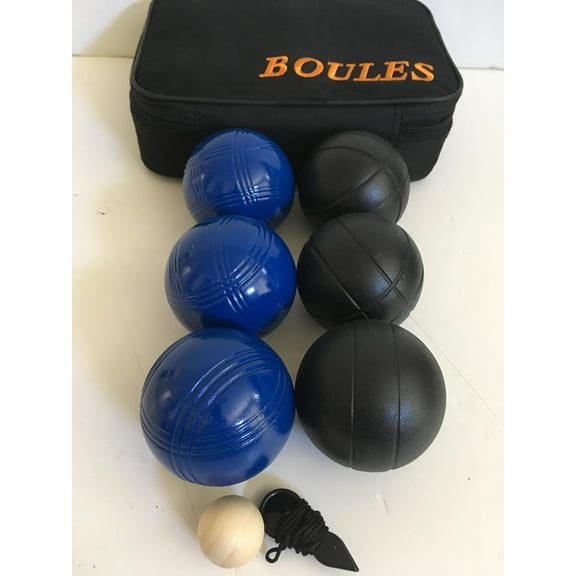 BuyBocceBalls Listing -73mm Metal Petanque/Boules 6 Ball Set with 3 Blue and 3 Black Balls and Black Bag