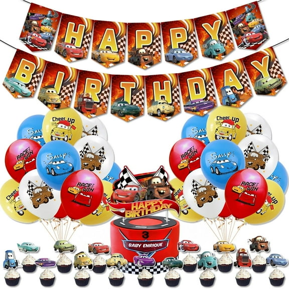Cars Birthday Decorations,Gender Reveal Party Supplies Include Happy Birthday Banner, Cake Topper and Cupcake Toppers, Balloons for Kids Party Décor