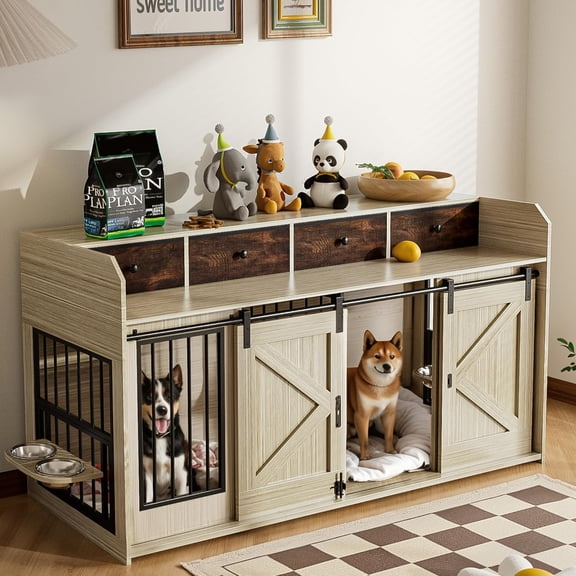 Double Dog Crate Furniture with Sliding Doors & Bowls, 63" Large Dog Crate TV Stand with 4 Fabric Drawers,for 2 Dogs, Wooden Dog Kennel Indoor, Beige