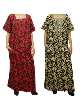 Mogul 2 pc Women's Red Beige Nightgown Maxi Dress Printed Cotton Nighty Boho Night Wear Caftan L