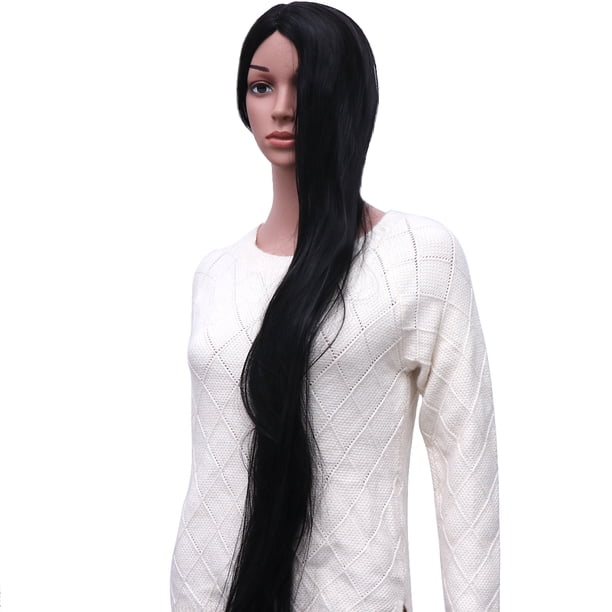 Pelucas sintéticas de 100 cm de largo, rectas y semilargas, de cabello humano, accesorio de belleza para mujeres y niñas (negro)