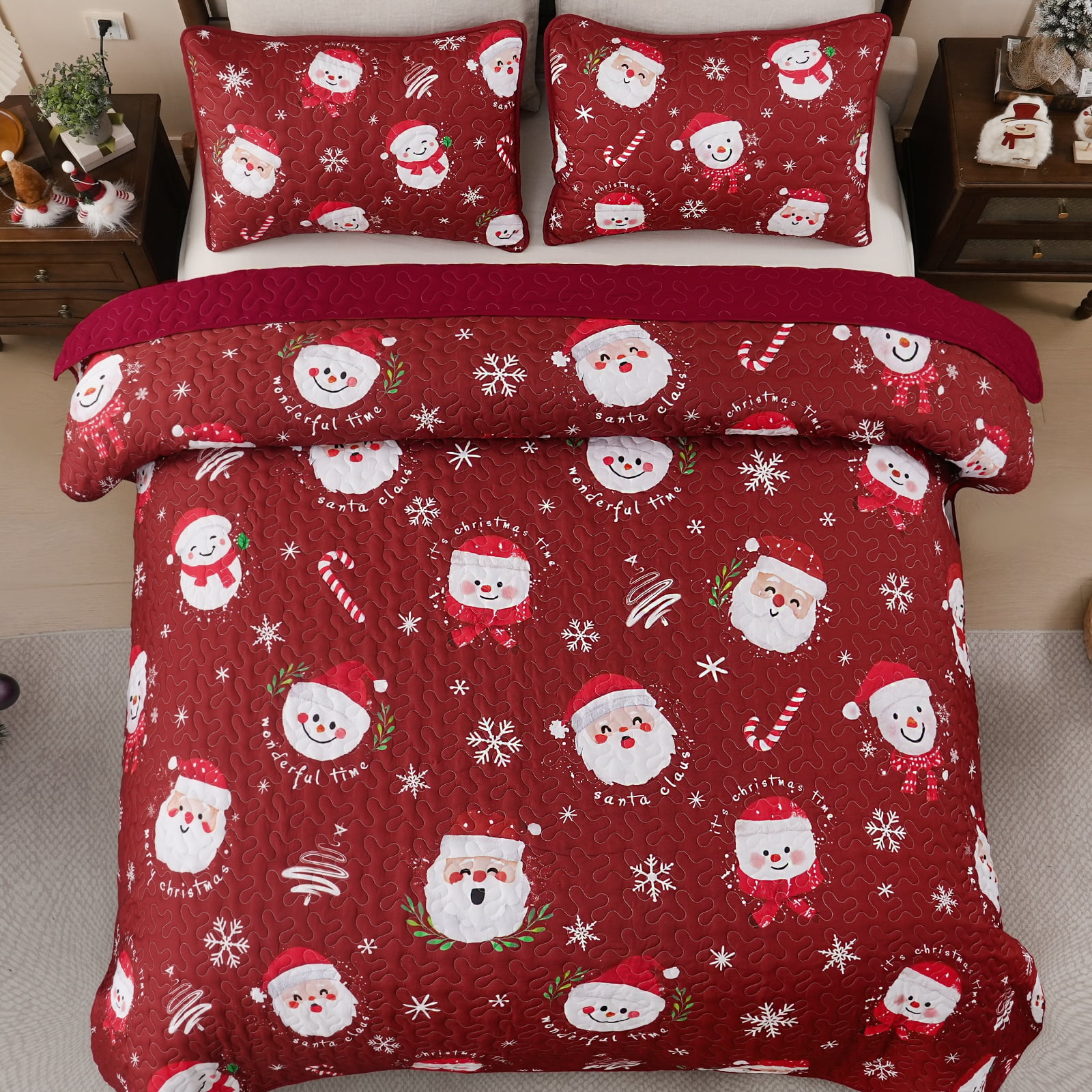 BLEUM CADE Christmas Quilts Queen Size 3 Piece, Santa Claus & Snowflake Quilt Bedding Set, Christmas Decor Soft Lightweight Bedspread Coverlet Set (1 Quilt, 2 Pillow Cases)