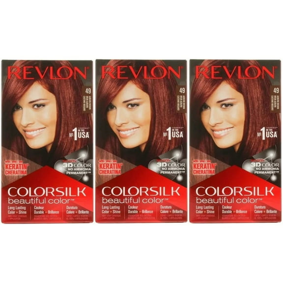 Revlon Colorsilk Beautiful Permanent Hair Color, 49 Auburn Brown, 3 Pack