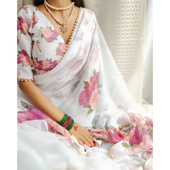 Classy Georgette Printed Saree with Pearl Lace Border & Unstitched Blouse – 5.5m