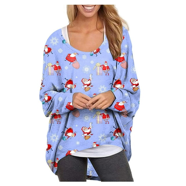 Sudaderas navideñas de cuello redondo para mujer, camisetas de empalme de manga larga con estampado de alces bonitos, camisetas informales de otoño Fridja po3510