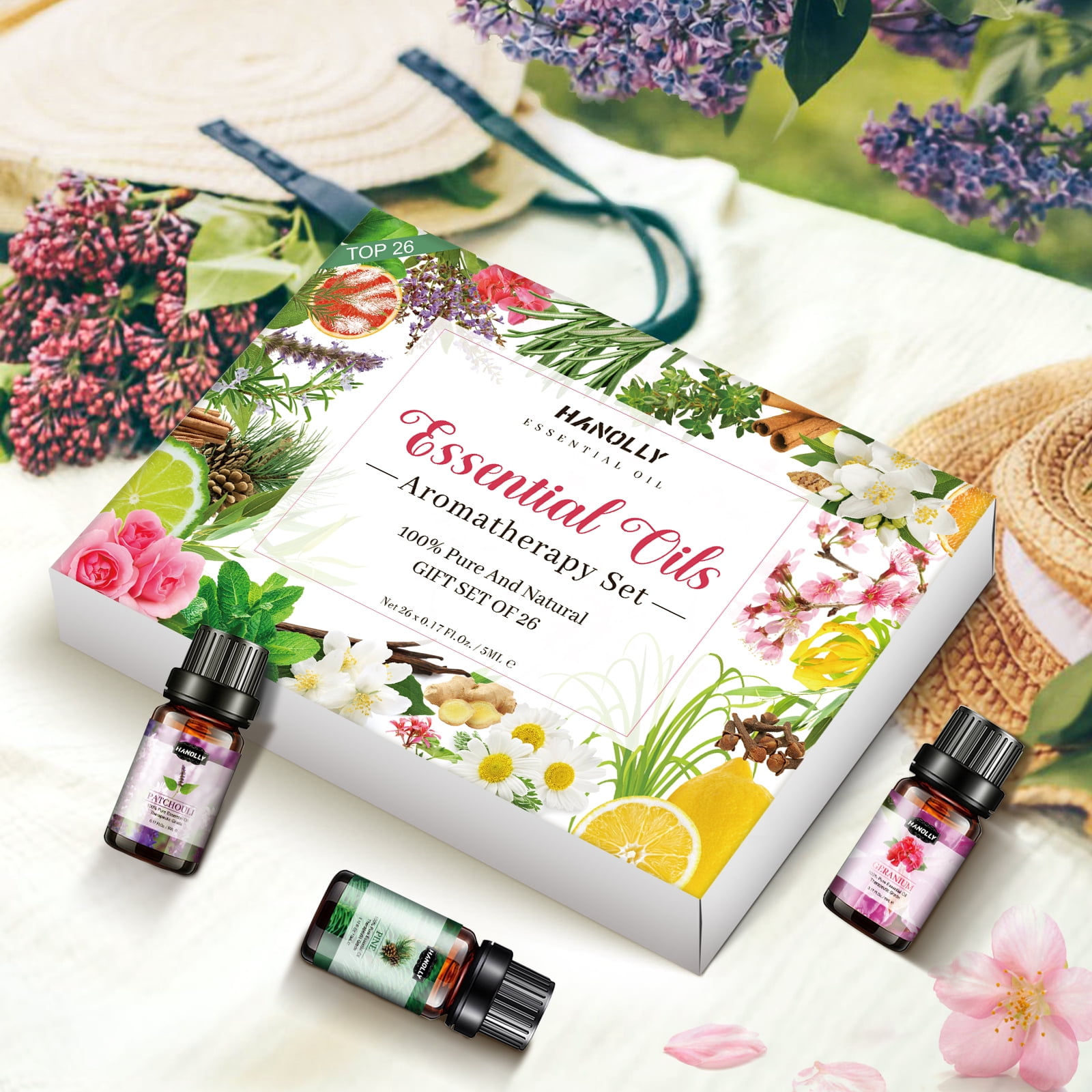 Hanolly Floral Essential Oil Set - 26 x 5ml Undiluted Oils for Diffuser, Massage & Skin Care