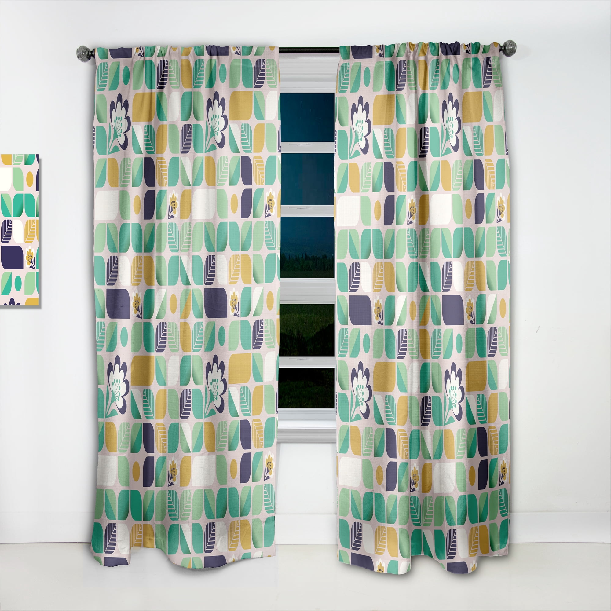 Designart 'Leaves and Flowers With Geometric Pattern' Mid-Century Modern Curtain Panel