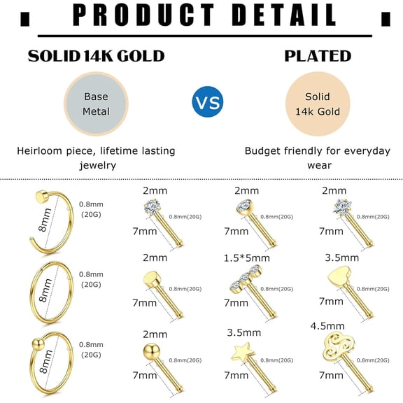 GHRTGR-14K Gold Filled 20G Nose Rings Gold Nose Studs L S I Shape CZ Hypoallergenic Stainless Steel Nose Piercing Jewelry Nose Rings Nose Studs Screw for Women Men Nostril Piercing Jewelry 12-15Pcs