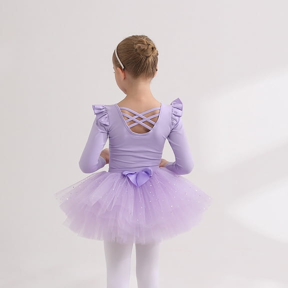 LYMAYTER Toddler Girls 2PC Ballet Leotards Suit Long Sleeve Tutu Set Ballerina with Glitter Skirt 3-11Y