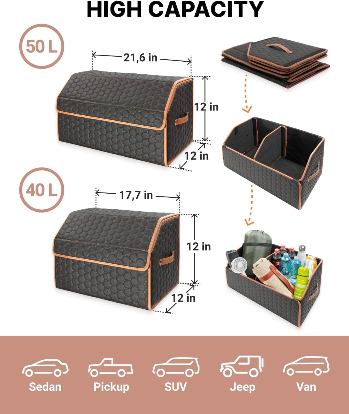 Owleys SUV and Car Rear Cargo Organizer Set Foldable Eco-Leather Trunks Magnetic Lids Hexy 2 Pcs