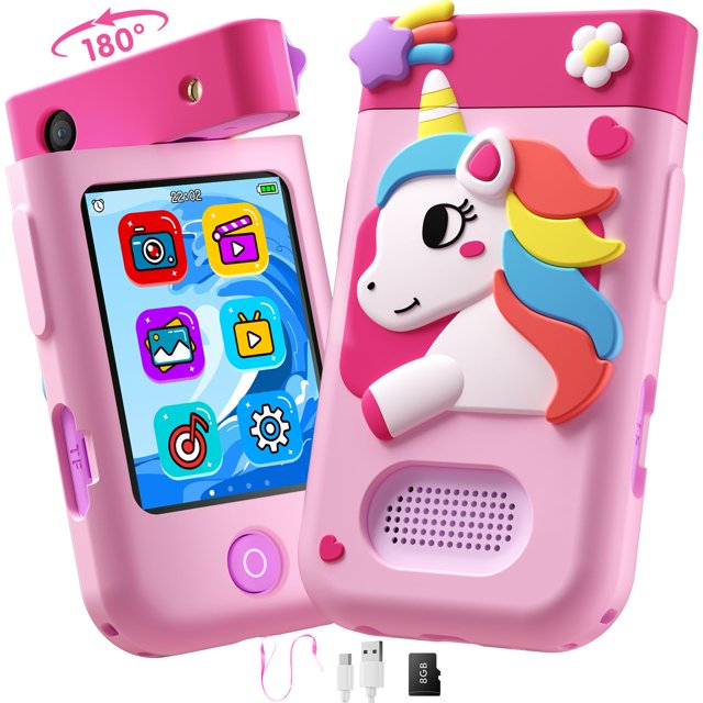 juguetes de teléfono inteligente para niños DARME, juguete rosa con pantalla táctil frontal y carcasa blanda con unicornio en relieve; cámara giratoria 180°, botones táctiles, altavoz y puerto TF visibles; incluye cable de carga; adecuado como regalo educativo y a menudo se usa para juegos de rol y práctica de comunicación para niños de 3 a 10 años.